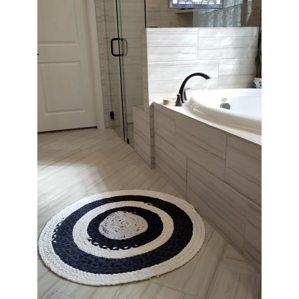 Bullseye Braided Rag Rug Round 36-inch Navy White Gray